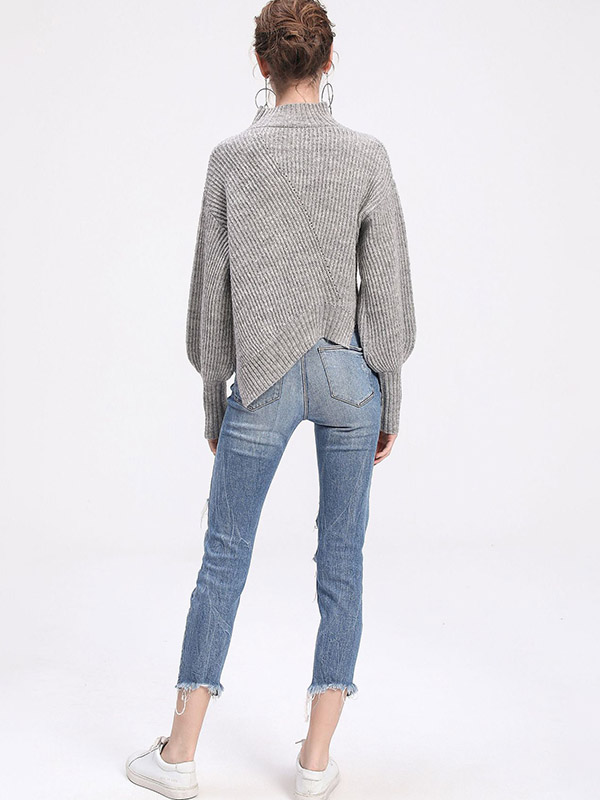 Grey Stand Collar Irregular Split Knit Sweaters