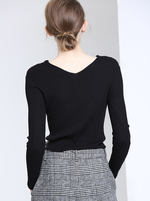 Black Long Sleeves V-neck Bodycon Knit Sweaters