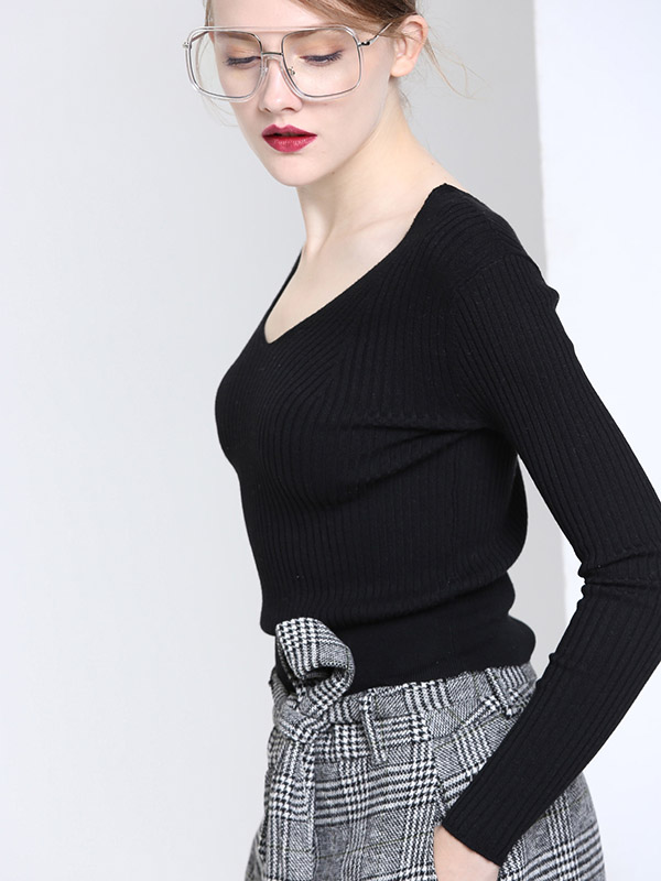 Black Long Sleeves V-neck Bodycon Knit Sweaters