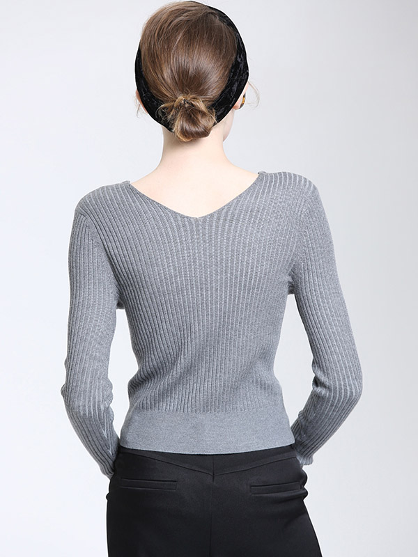 Grey Long Sleeves V-neck Bodycon Knit Sweaters