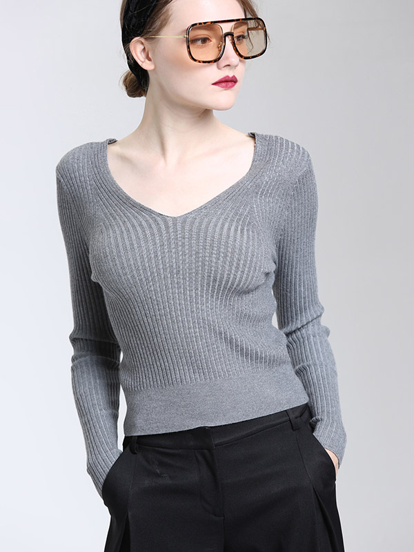 Grey Long Sleeves V-neck Bodycon Knit Sweaters