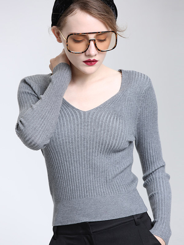 Grey Long Sleeves V-neck Bodycon Knit Sweaters