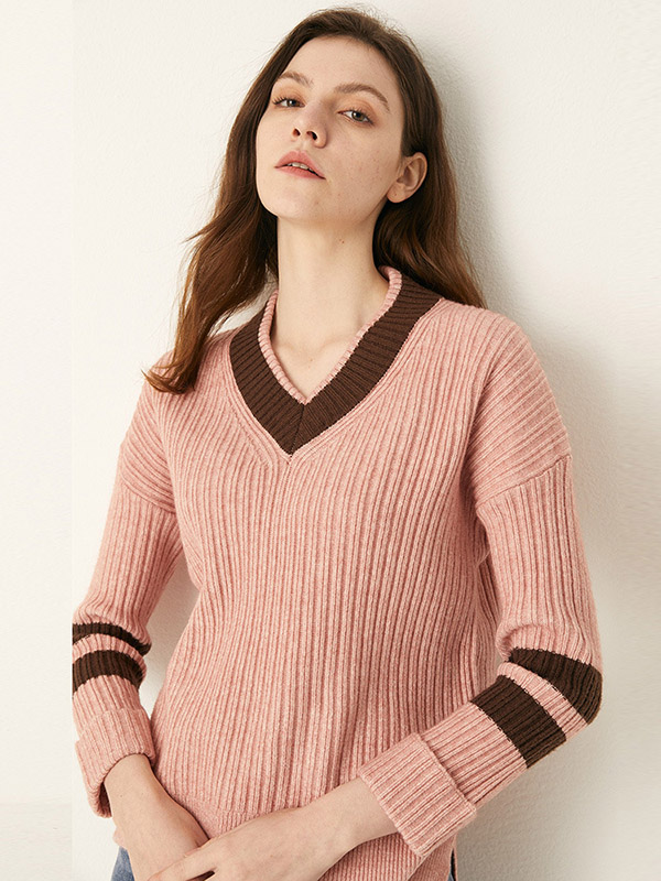 Pink V-neck Candy Color Knit Sweaters