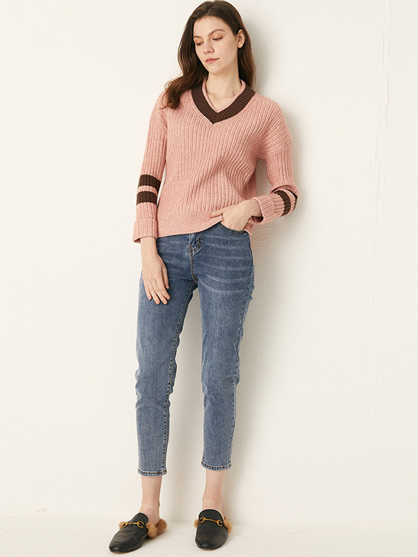 Pink V-neck Candy Color Knit Sweaters