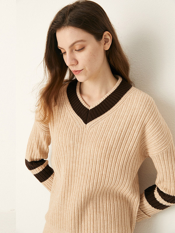 Apricot V-neck Candy Color Knit Sweaters