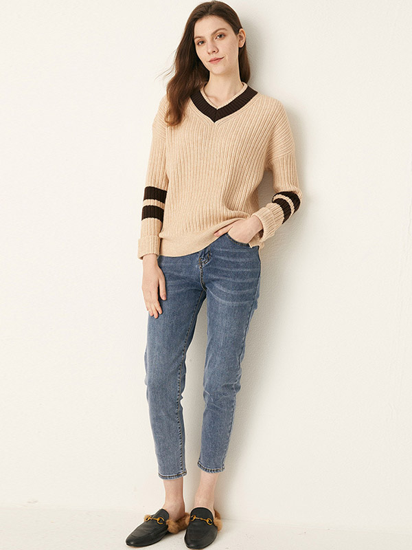 Apricot V-neck Candy Color Knit Sweaters