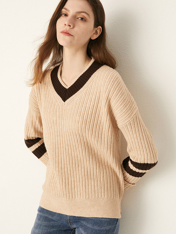 Apricot V-neck Candy Color Knit Sweaters