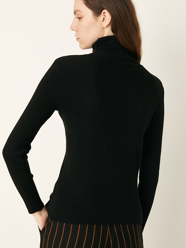 Black Roll Neck Thread Texture Knit Sweaters