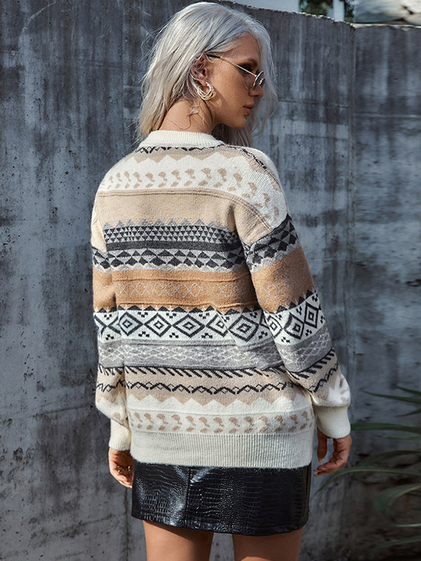 Khaki Diamond Pattern Lazy Style Loose Knit Sweaters