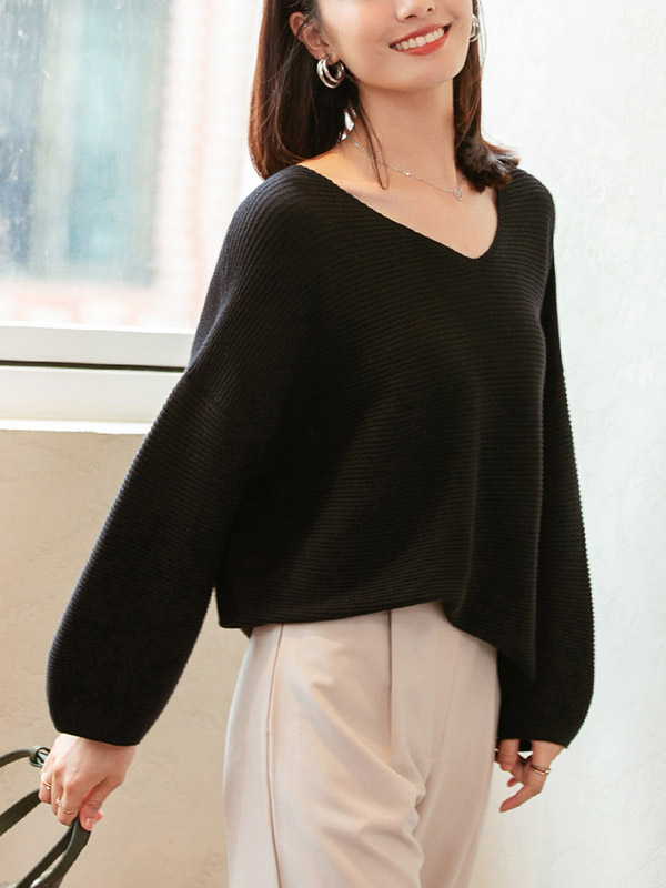 Black Oversize V-neck Lazy Style Knit Sweaters