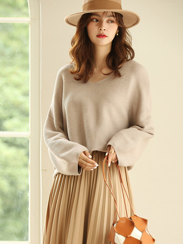 Camel Oversize V-neck Lazy Style Knit Sweaters