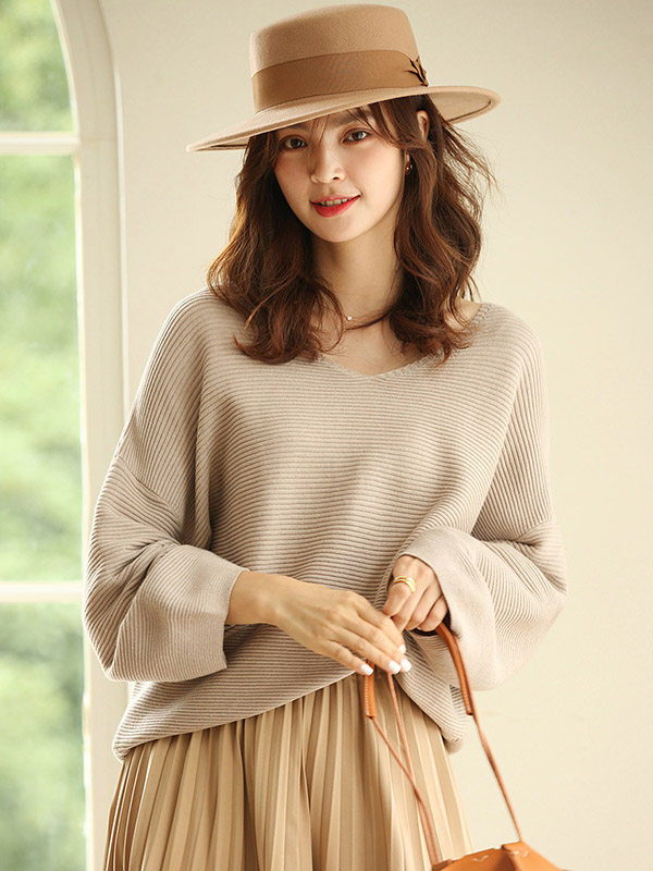 Camel Oversize V-neck Lazy Style Knit Sweaters