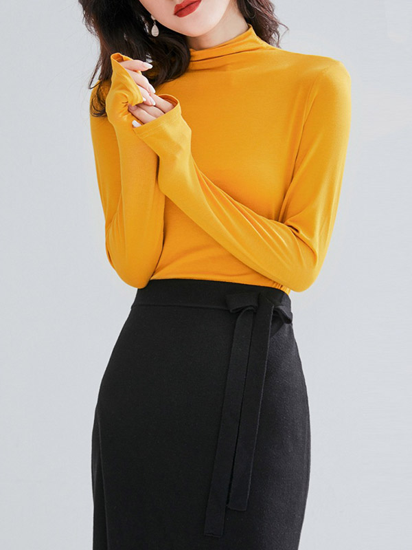 Yellow CHIC Stand Collar Long Sleeves Knit Sweaters