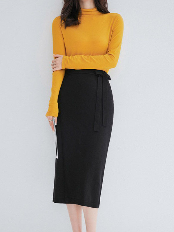 Yellow CHIC Stand Collar Long Sleeves Knit Sweaters