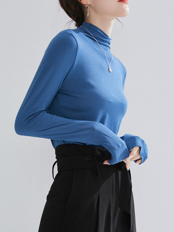 Blue CHIC Stand Collar Long Sleeves Knit Sweaters