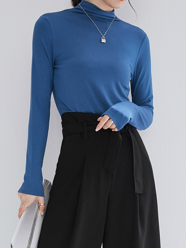 Blue CHIC Stand Collar Long Sleeves Knit Sweaters