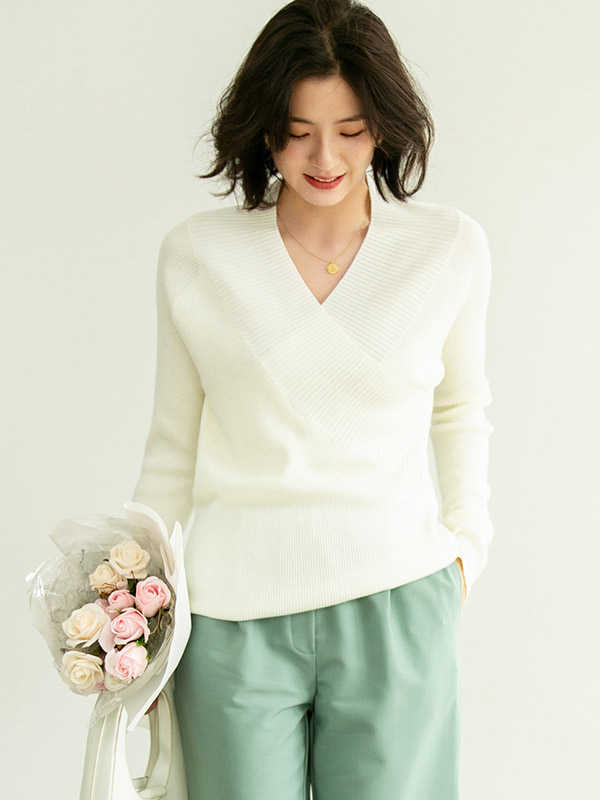 White French Elegant V-neck Wrap Style Knit Sweaters