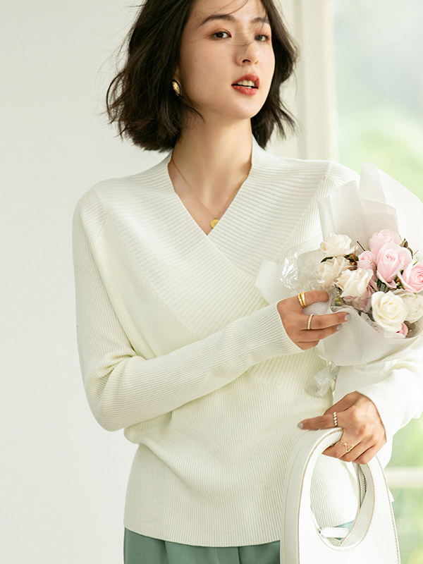 White French Elegant V-neck Wrap Style Knit Sweaters