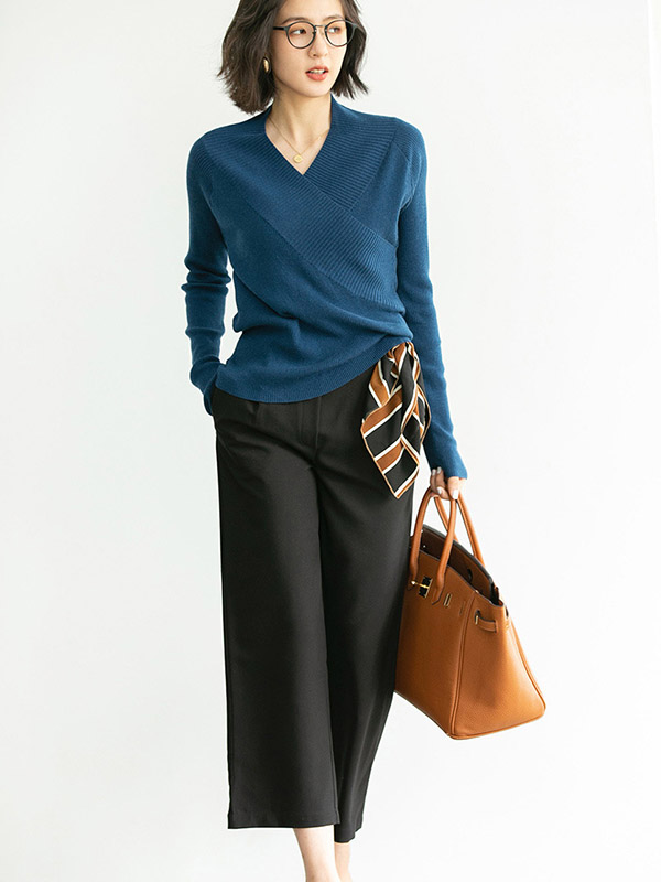 Blue French Elegant V-neck Wrap Style Knit Sweaters