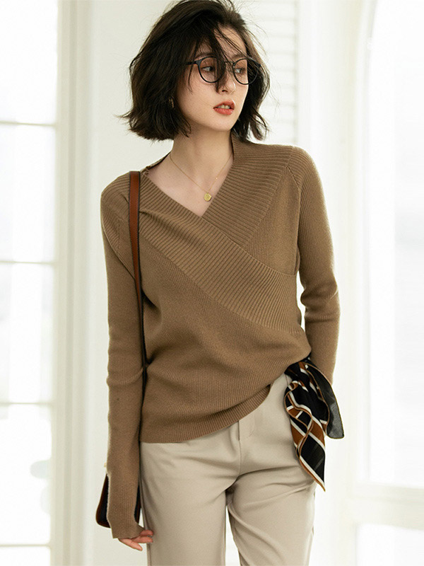 Camel French Elegant V-neck Wrap Style Knit Sweaters