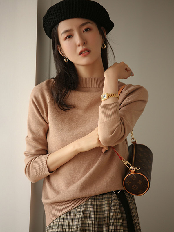 Camel Korean Style Round Neck Knit Sweaters