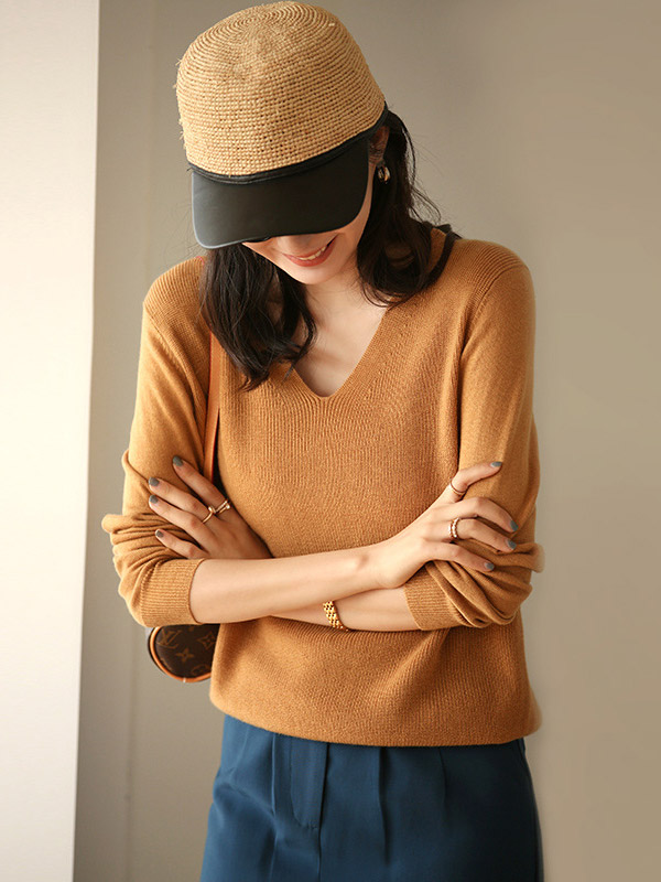 Camel Blended Loose V-neck Knit Sweaters