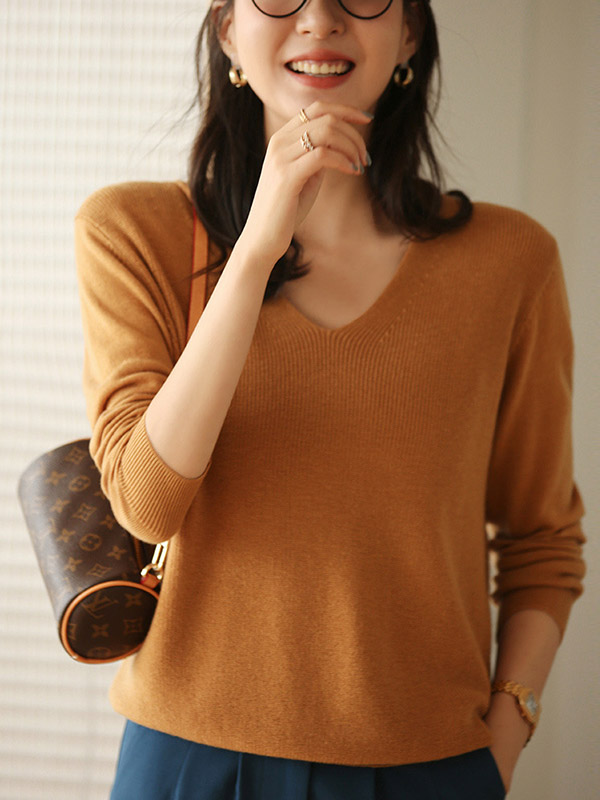 Camel Blended Loose V-neck Knit Sweaters