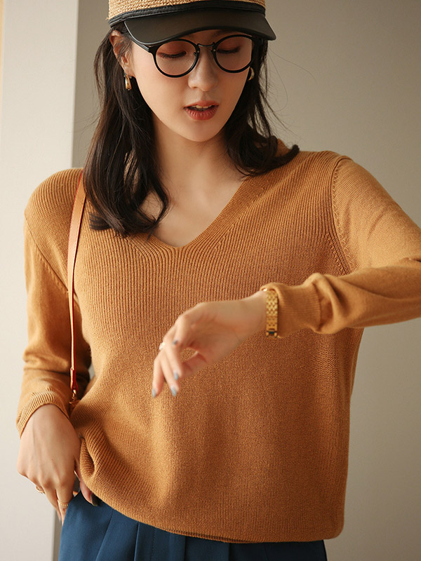 Camel Blended Loose V-neck Knit Sweaters