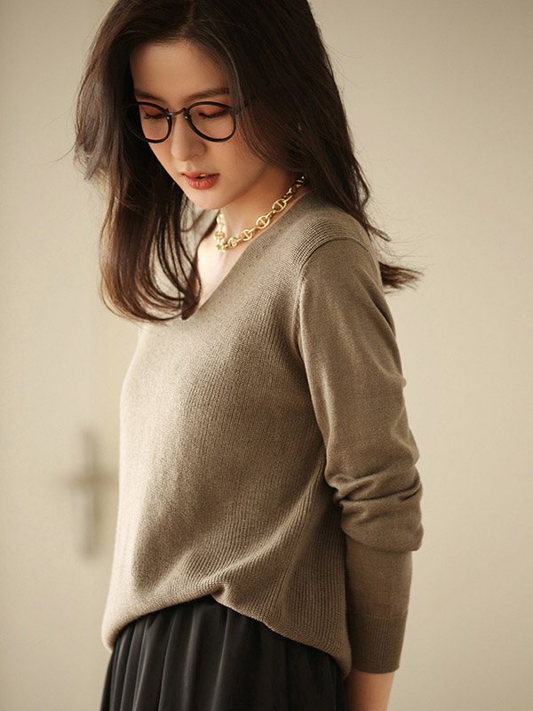 Grey Blended Loose V-neck Knit Sweaters