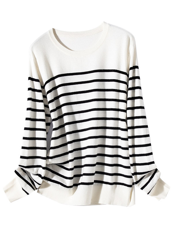 White Casual Striped Round Neck Knit Sweaters