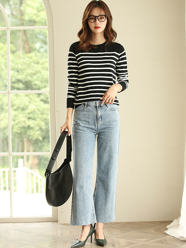 Black Casual Striped Round Neck Knit Sweaters