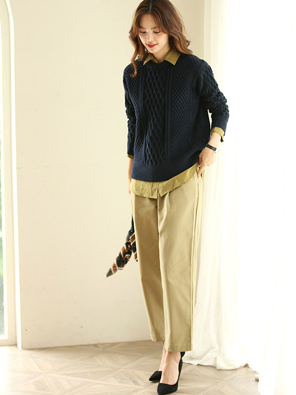 Navy Blue Loose Diamond Twist Knit Sweaters