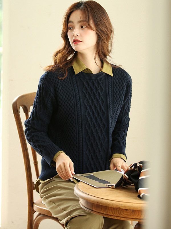 Navy Blue Loose Diamond Twist Knit Sweaters