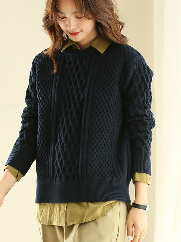 Navy Blue Loose Diamond Twist Knit Sweaters