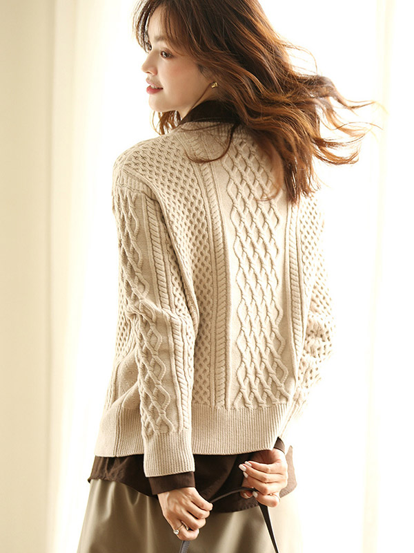 Apricot Loose Diamond Twist Knit Sweaters