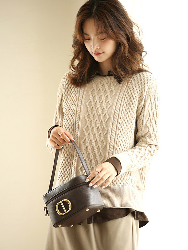 Apricot Loose Diamond Twist Knit Sweaters