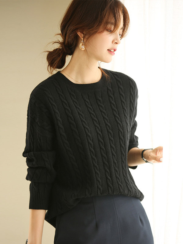 Black Pullover Round Neck Twist Knit Sweaters