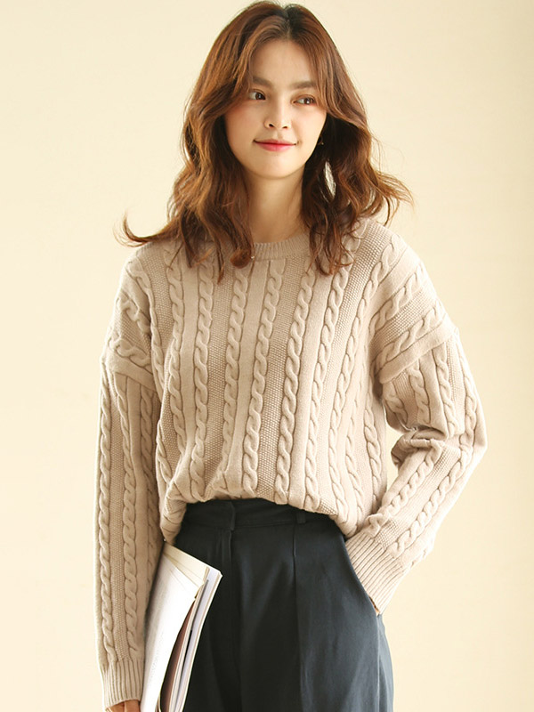 Camel Pullover Round Neck Twist Knit Sweaters