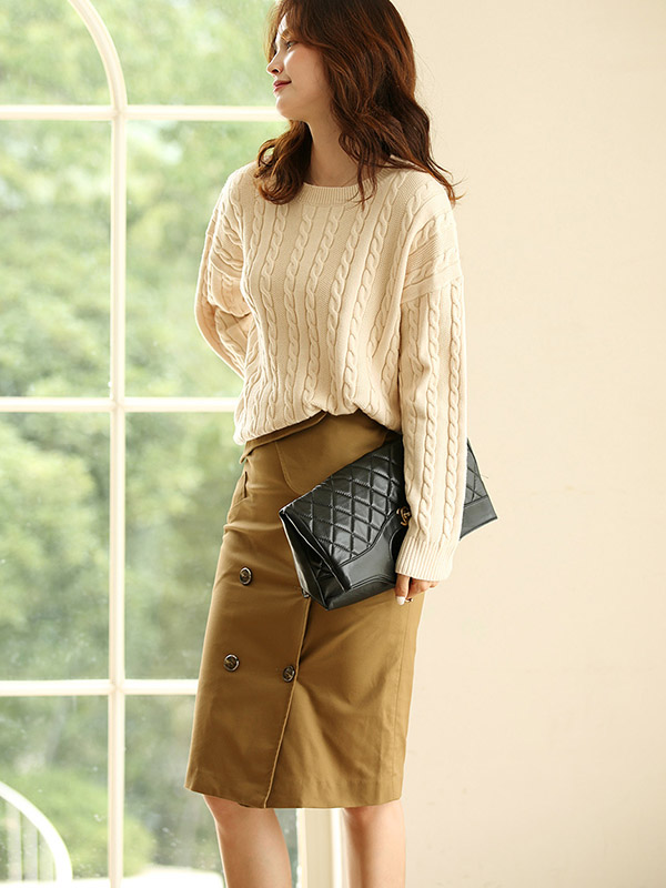 Apricot Pullover Round Neck Twist Knit Sweaters