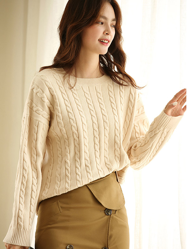 Apricot Pullover Round Neck Twist Knit Sweaters