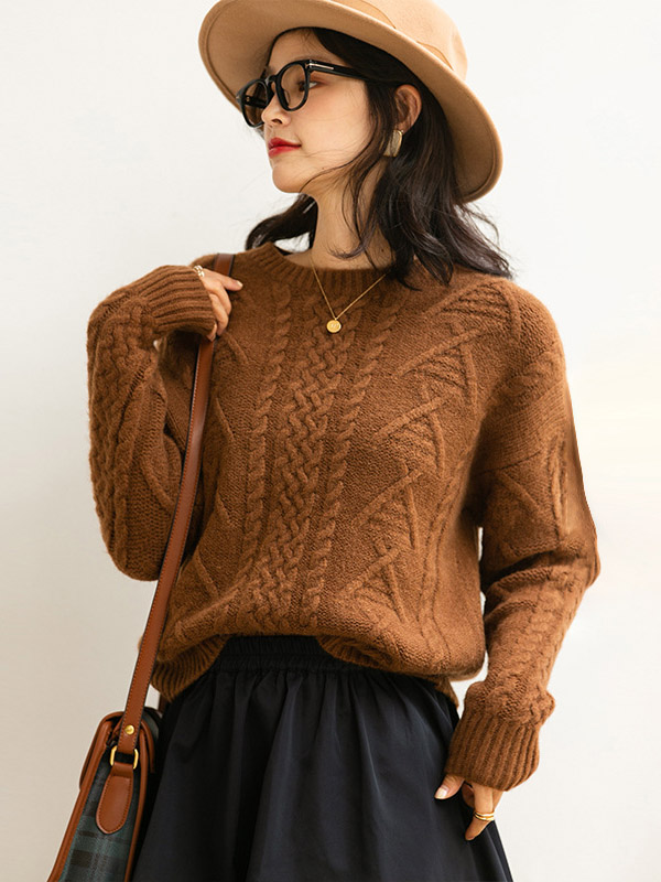 Brown Retro Twist Crew Neck Knit Sweaters