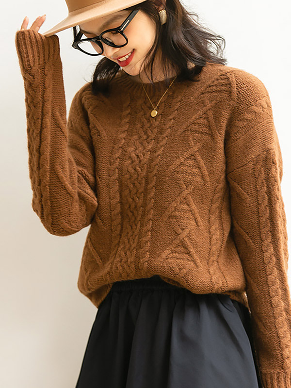 Brown Retro Twist Crew Neck Knit Sweaters