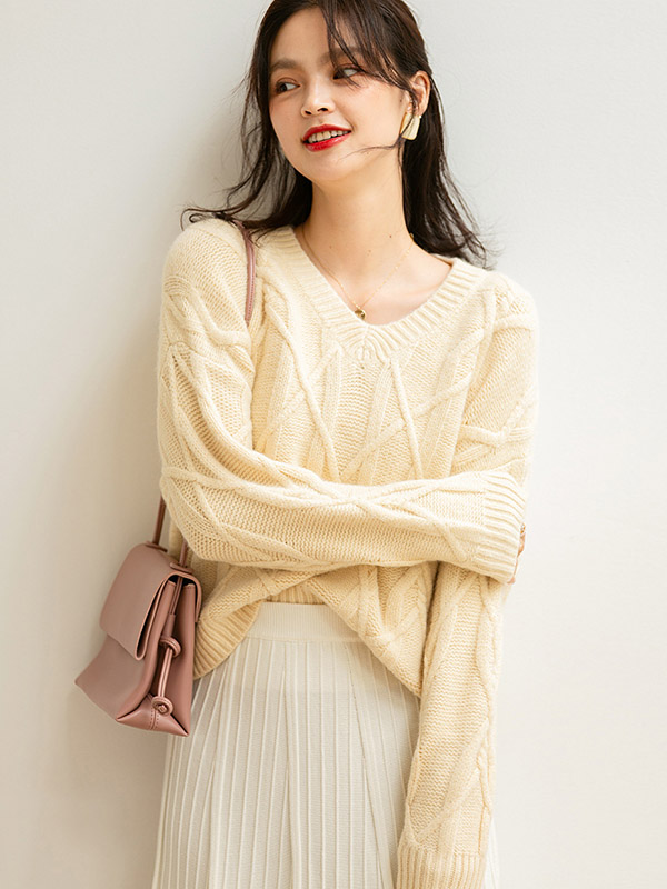 Apricot Twisted V-neck Loose Warm Knit Sweaters