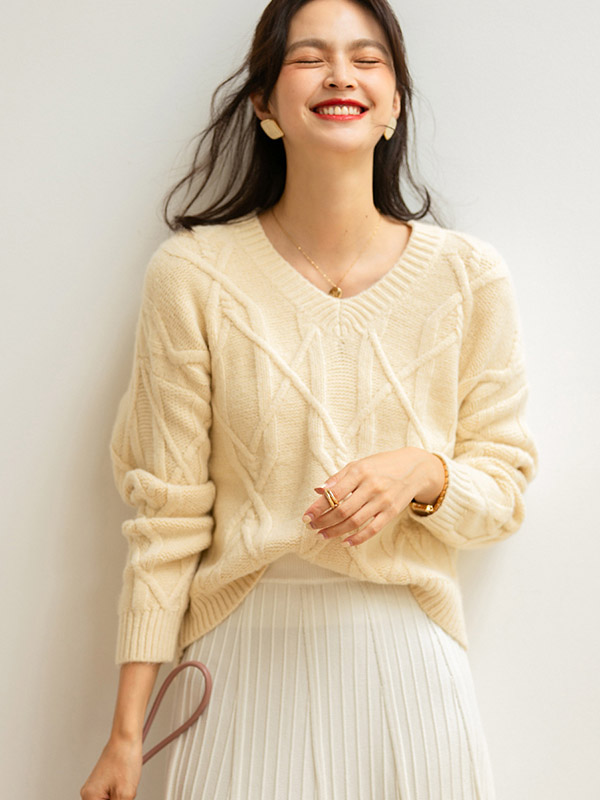 Apricot Twisted V-neck Loose Warm Knit Sweaters