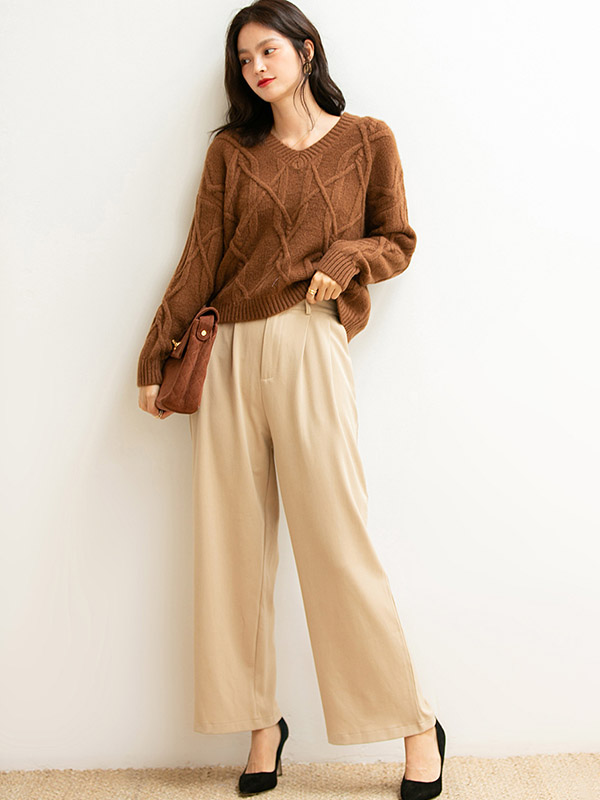 Brown Twisted V-neck Loose Warm Knit Sweaters