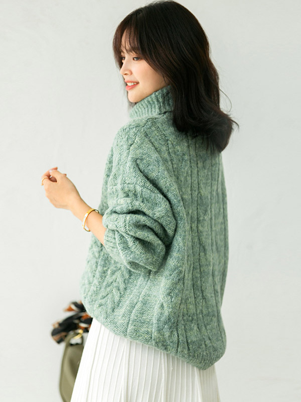 Green Turtleneck Twist Thick Knit Sweaters