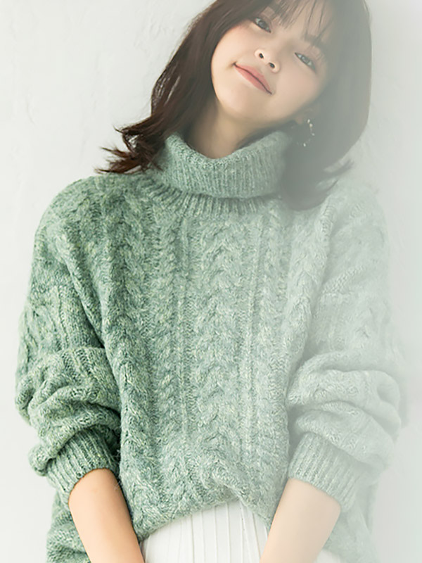 Green Turtleneck Twist Thick Knit Sweaters