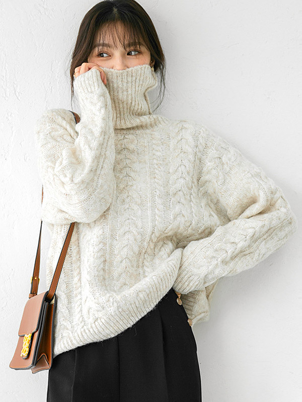 Apricot Turtleneck Twist Thick Knit Sweaters