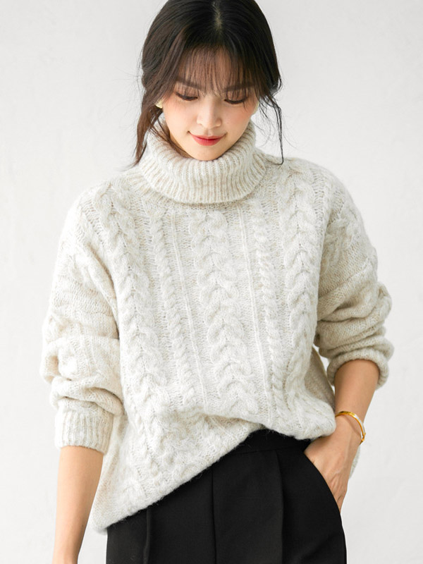 Apricot Turtleneck Twist Thick Knit Sweaters