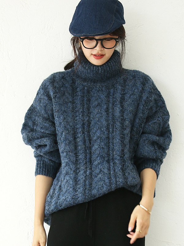 Navy Blue Turtleneck Twist Thick Knit Sweaters